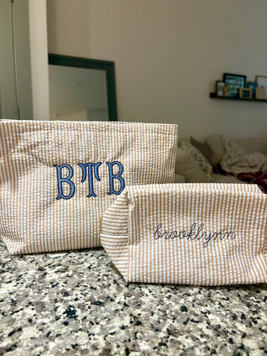 Seersucker Embroidered Makeup Bag Set of Two | Embroidered Makeup Bag | Personalized Bag | Bridesmaid Gifts | Christmas Gifts