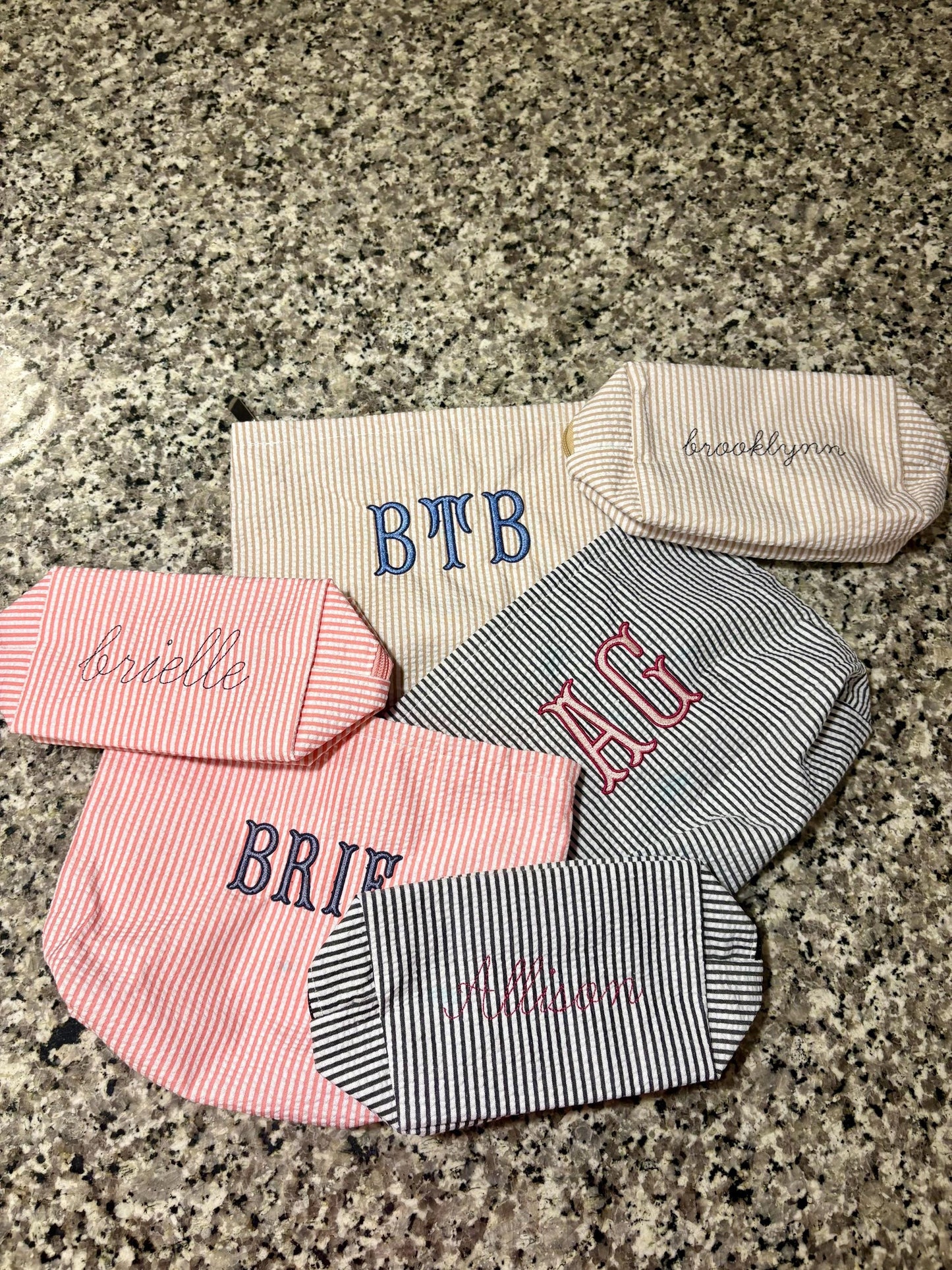 Seersucker Embroidered Makeup Bag Set of Two | Embroidered Makeup Bag | Personalized Bag | Bridesmaid Gifts | Christmas Gifts