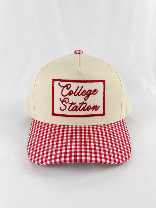 College Station Script Patch Hat Red Gingham