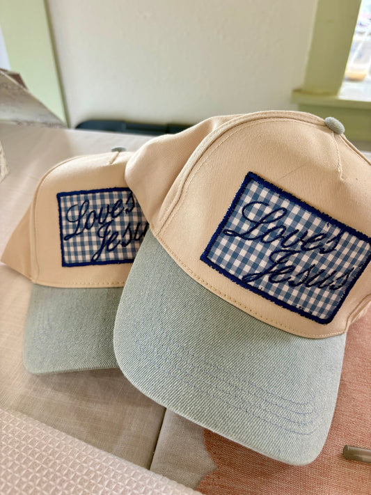 “Loves Jesus” Gingham Blue Hat