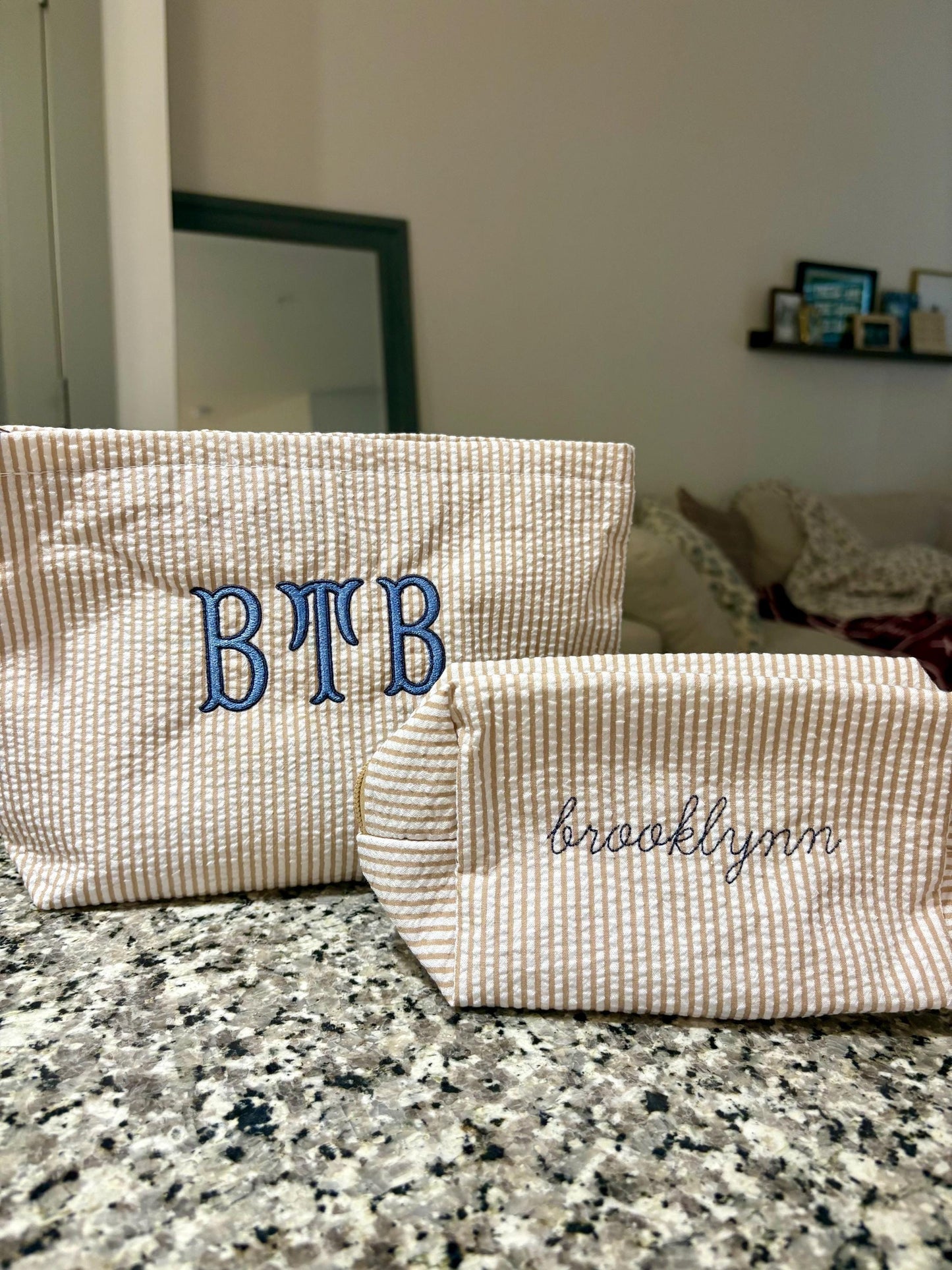 Seersucker Embroidered Makeup Bag Set of Two | Embroidered Makeup Bag | Personalized Bag | Bridesmaid Gifts | Christmas Gifts