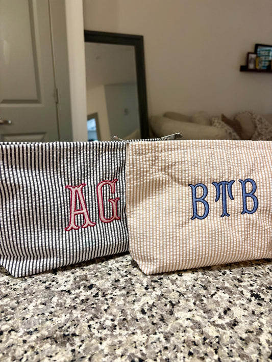 Seersucker Embroidered Makeup Bag Set of Two | Embroidered Makeup Bag | Personalized Bag | Bridesmaid Gifts | Christmas Gifts