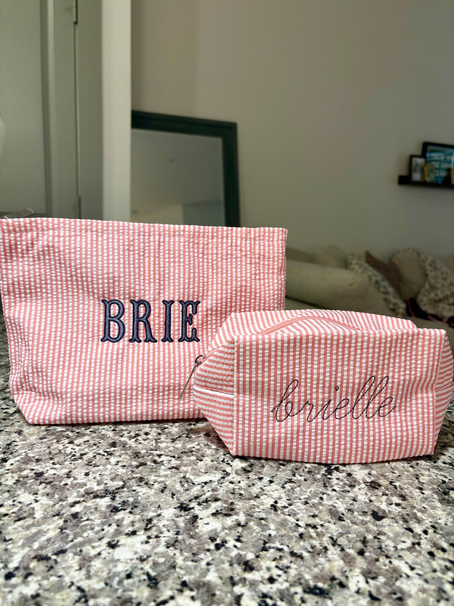Seersucker Embroidered Makeup Bag Set of Two | Embroidered Makeup Bag | Personalized Bag | Bridesmaid Gifts | Christmas Gifts