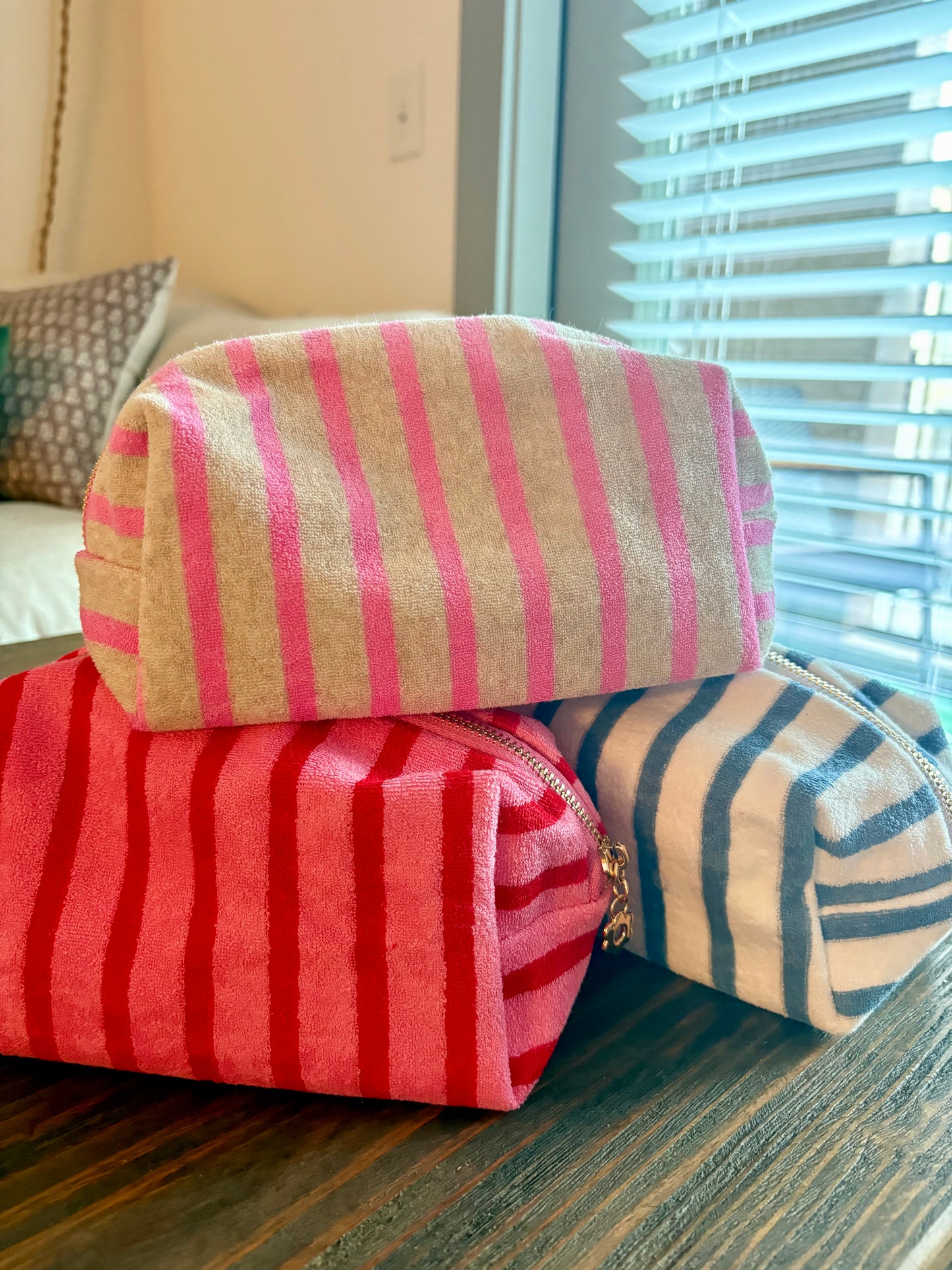 Terry Cloth Striped Cosmetic Bag