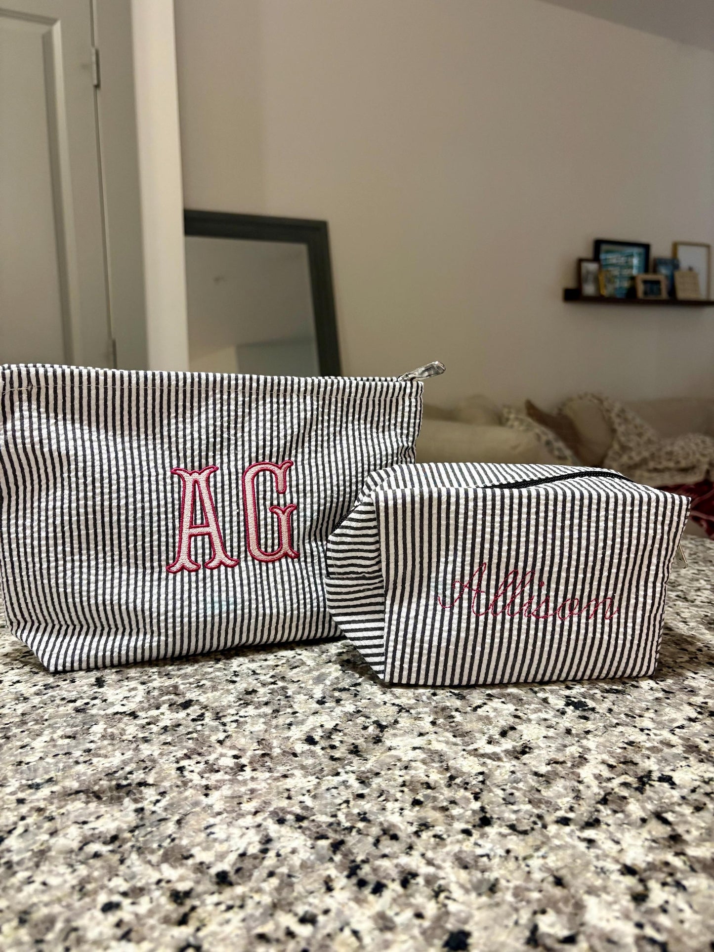 Seersucker Embroidered Makeup Bag Set of Two | Embroidered Makeup Bag | Personalized Bag | Bridesmaid Gifts | Christmas Gifts
