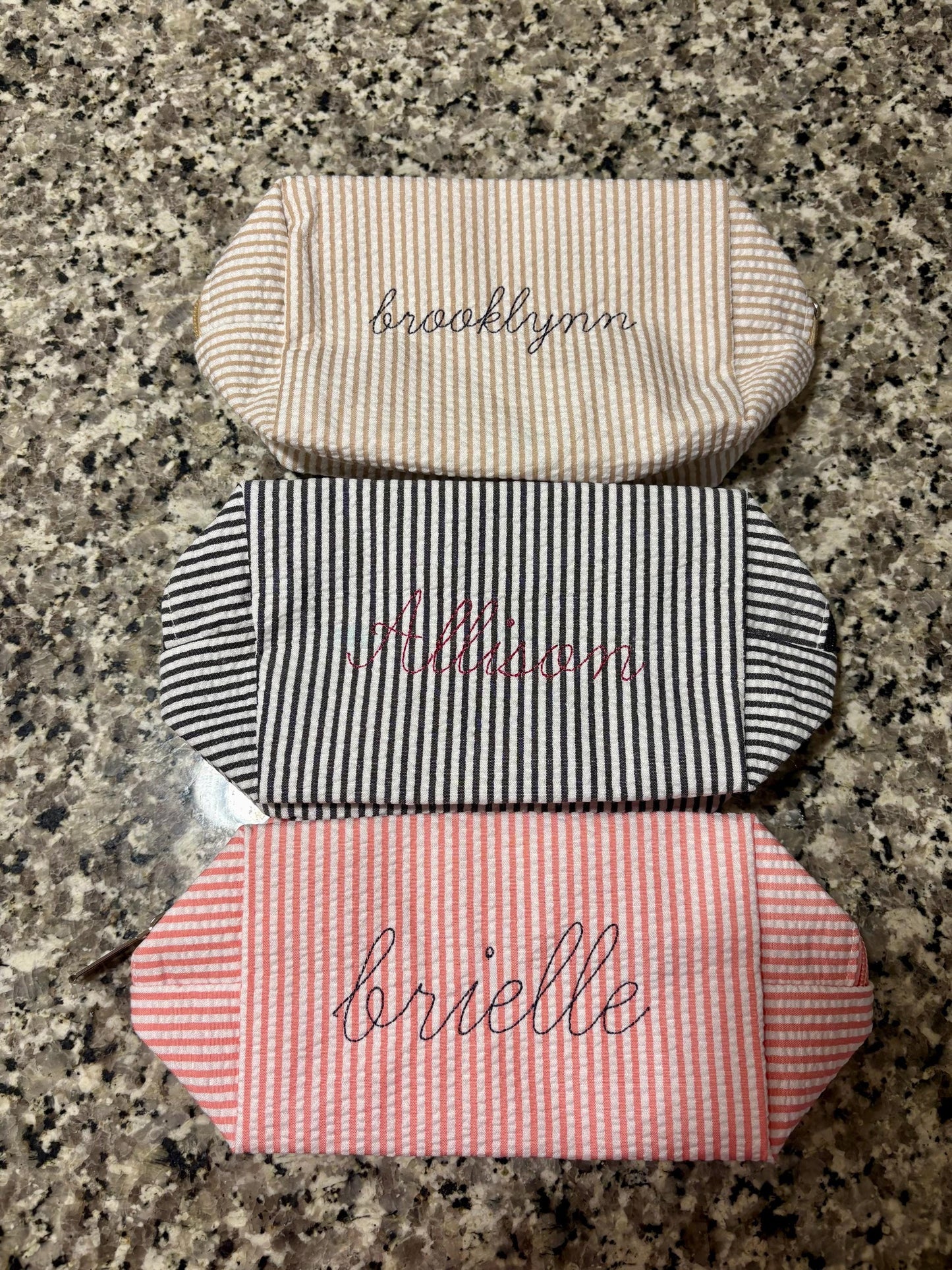 Seersucker Embroidered Makeup Bag Set of Two | Embroidered Makeup Bag | Personalized Bag | Bridesmaid Gifts | Christmas Gifts