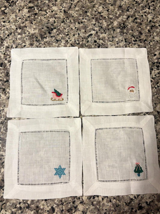 Christmas Cocktail Napkins Set of Four | Holiday Napkin, Santa Napkin